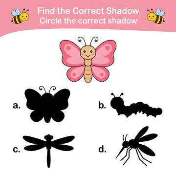 Matching shadow educational activity page for young children featuring butterfly character