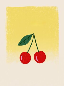 Hand drawn illustration of two red cherries on yellow with copy space