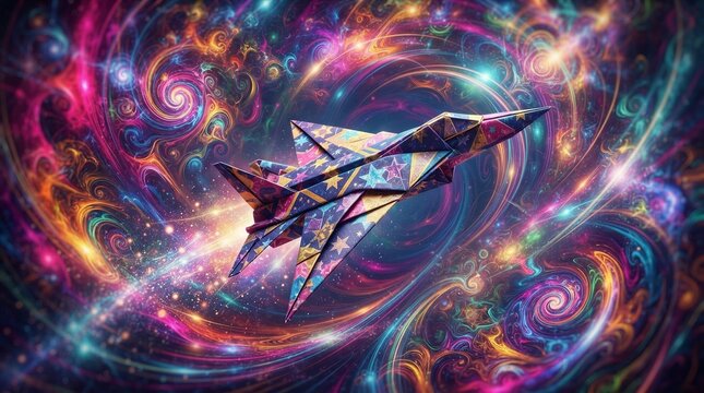 Futuristic jet slices through swirling cosmic galaxies. Vibrant neons and spirals dance around the craft. Colors pulse like starlight in infinite motion. Ideal for space, science fiction