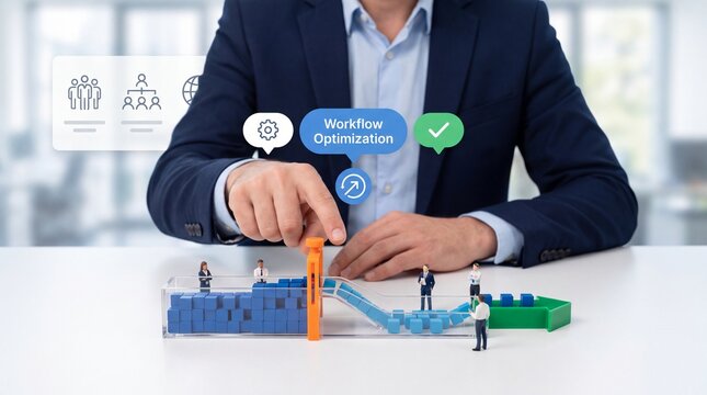 Business person managing a miniature workflow process with blue blocks on a white desk