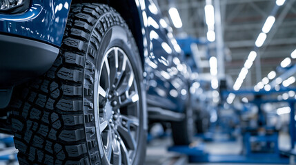 Fototapeta premium Close-up of a blue SUV tire and alloy wheel on an assembly line in a bright automotive factory. Ideal for car manufacturing and transport industry concepts.