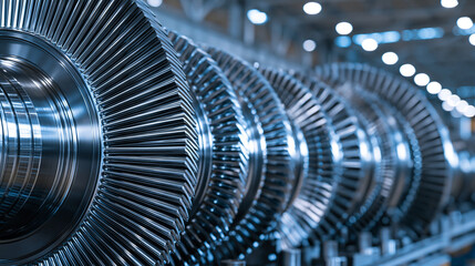 Fototapeta premium Industrial steam turbine rotor with intricate metal blades shining under factory lights. Perfect for advanced engineering and power generation concepts.