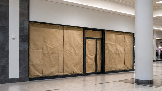 Closed retail store with windows covered in brown paper inside a shopping mall, representing business closure, vacancy and changing retail