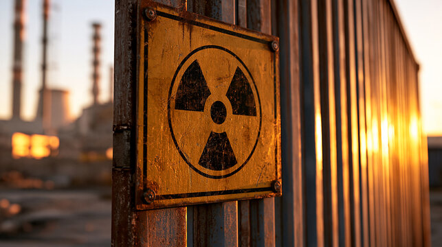 A weathered radioactive hazard sign attached to a rusty industrial fence during a golden sunset. Perfect for environmental danger and energy concepts.