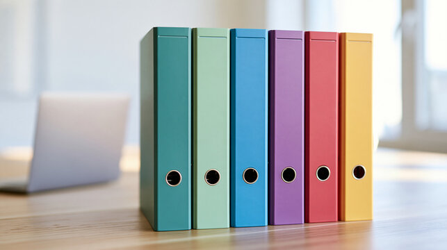 Colorful ring binders stand in a row on a wooden desk in bright office lighting. Ideal for business organization concepts and administrative work.