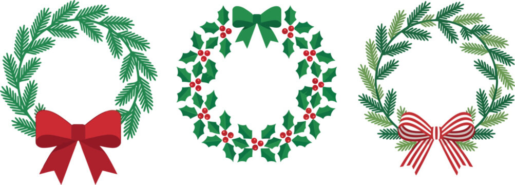 Christmas wreaths vector set with pine branches, holly berries and decorative bows isolated on white background