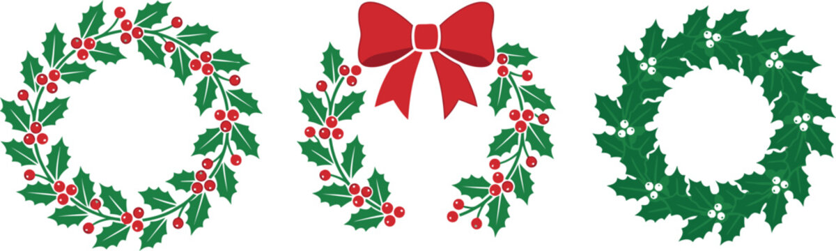 Christmas wreaths vector illustration set with holly leaves and red bow