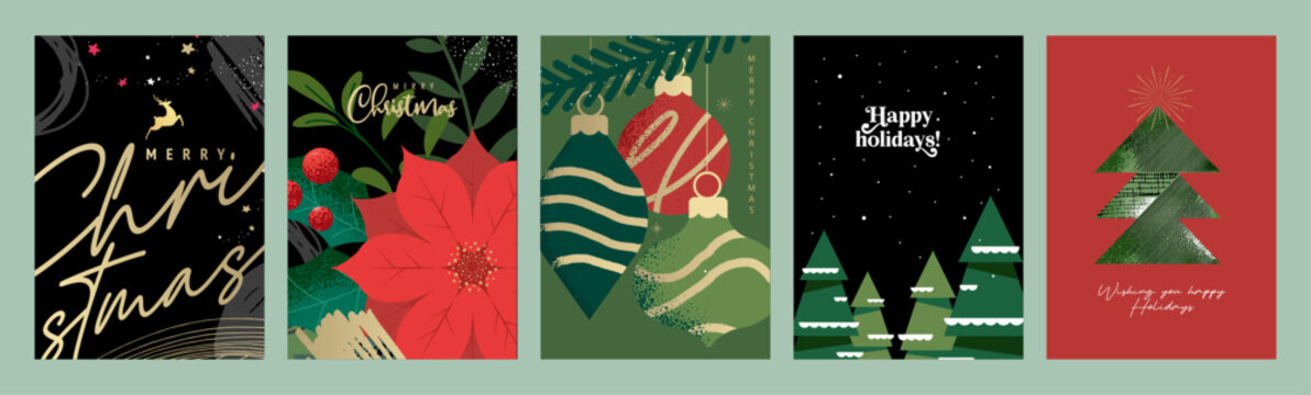 Christmas and New Year cards. Vector illustrations for holiday greeting card, poster, website and social media banner, marketing material.
