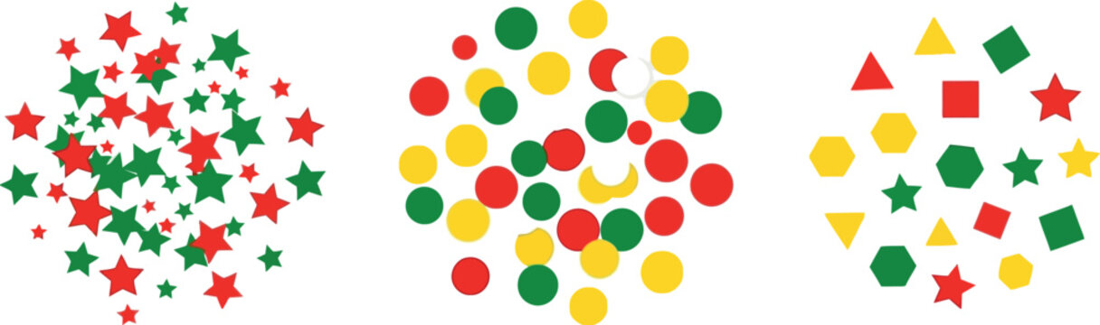 Christmas confetti vector illustration featuring colorful stars, circles and geometric shapes isolated