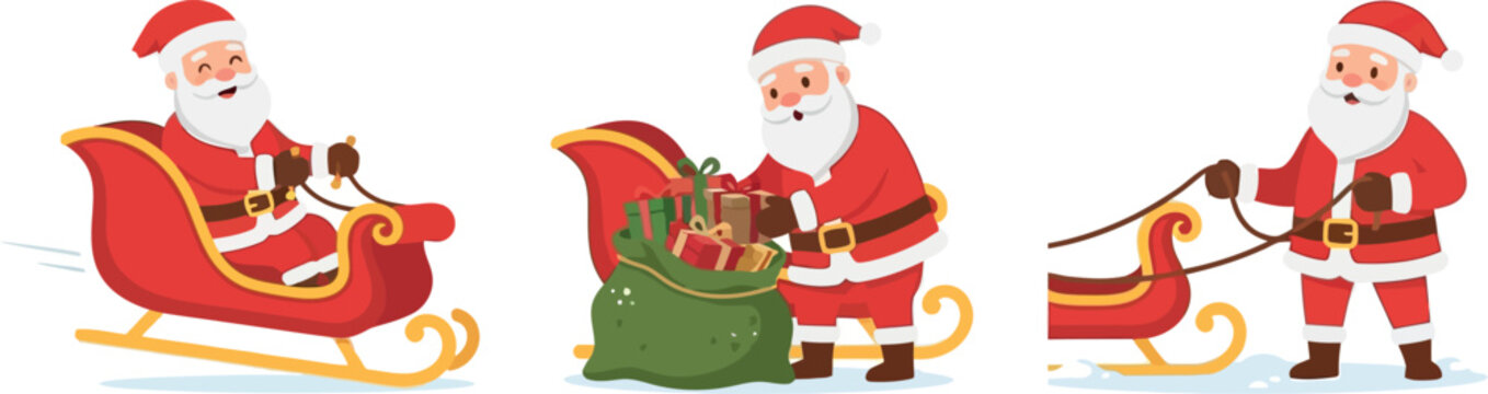 Santa Claus vector set with sleigh, gifts, and reindeer reins for Christmas design