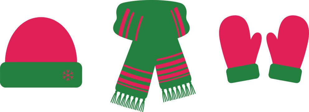 Winter hat scarf and mittens vector set with red and green knit pattern and snowflake motif