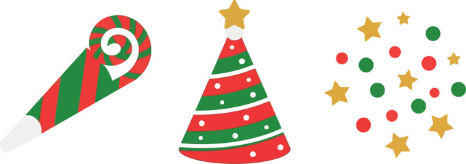 Obraz premium Christmas elf hat and confetti vector illustration with colorful festive elements