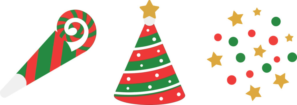 Christmas elf hat and confetti vector illustration with colorful festive elements