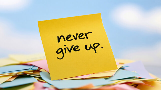 A yellow sticky note with the text never give up rests on a colorful pile of notes outdoors. Motivational quote concept for business success and personal development.