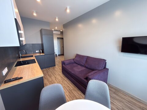 Modern Open Plan Kitchen and Living Room with Purple Sofa and Television
