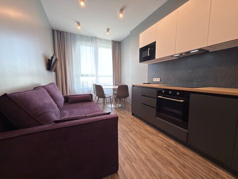 Modern Open Plan Kitchen and Living Room Interior with Purple Sofa