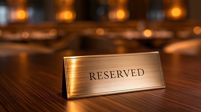 A metallic reserved sign sits on a dark wooden restaurant table with warm bokeh lights. Ideal for hospitality and dining concepts.
