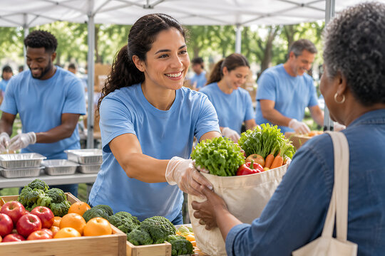 Woman handing groceries to senior during outdoor food distribution event assistance