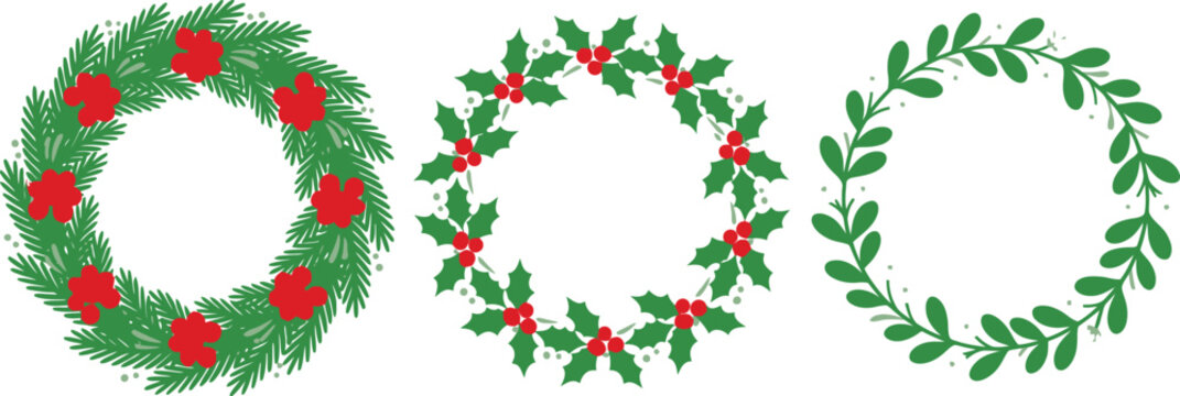 Christmas wreaths vector set with pine branches, holly leaves, and red berries