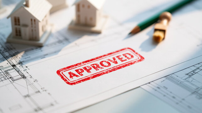 A red approved stamp on architectural blueprints with model houses and a pencil. Great for real estate development and mortgage approval concepts.