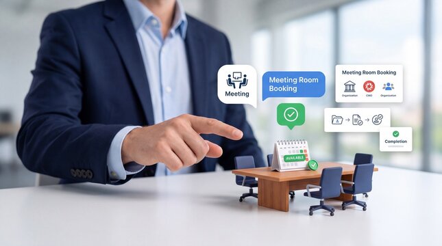 Businessman pointing at a miniature meeting room model with digital booking icons on a desk