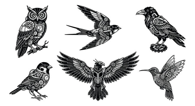 Mechanical birds with gears and clockwork black vector illustration