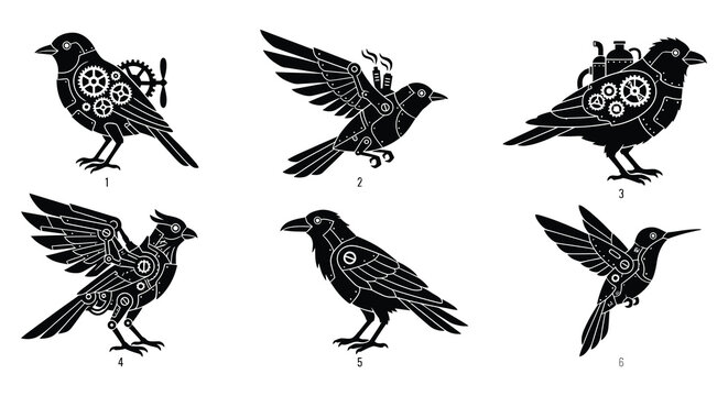 Mechanical birds with gears and clockwork black vector illustration