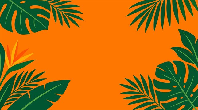 Collection of tropical leaves, foliage plant in orange and green color with copy space background - for stock