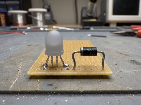 Four pin diffused RGB LED component soldered alongside zener diode on stripboard project.