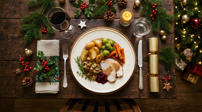 Traditional christmas roast dinner table setting with festive decor, christmas