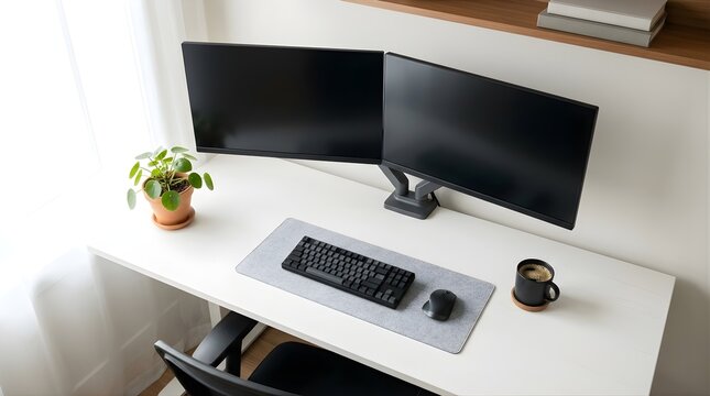 Modern home office workspace with dual monitors and desk accessories