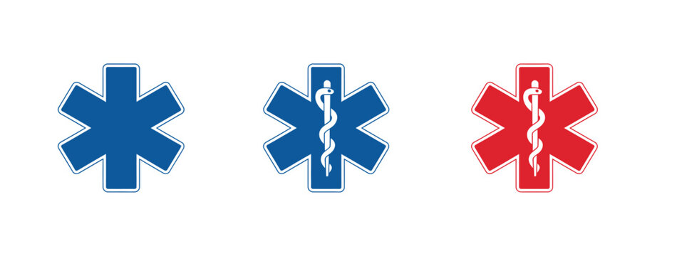 Emergency medical star of life icons featuring Asclepius rod symbols for EMS, ambulance response, healthcare rescue, emergency services, and medical assistance.