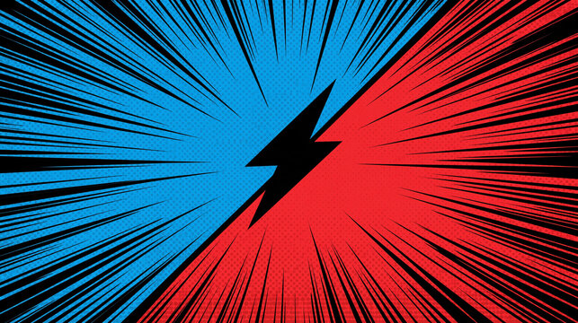 Dynamic comic book style background featuring a blue and red clash with a central black lightning bolt. Great for gaming banners and action designs.