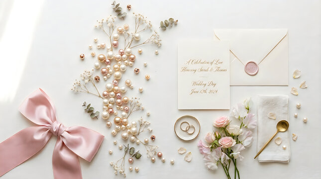 Elegant wedding flat lay with pearl necklace pink ribbon and stationery