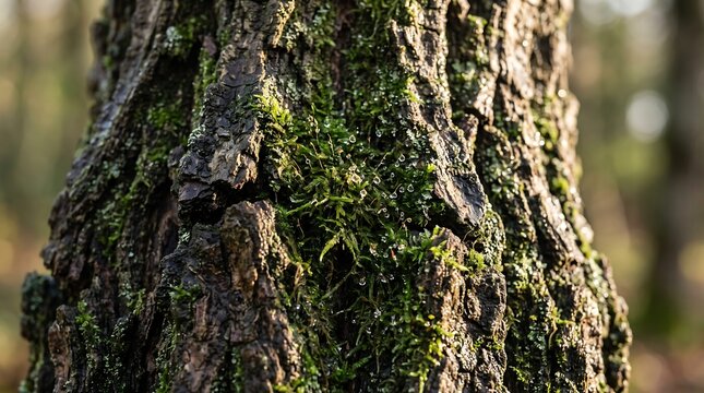 Detailed texture of green moss growing on rough oak tree bark in a sunny forest