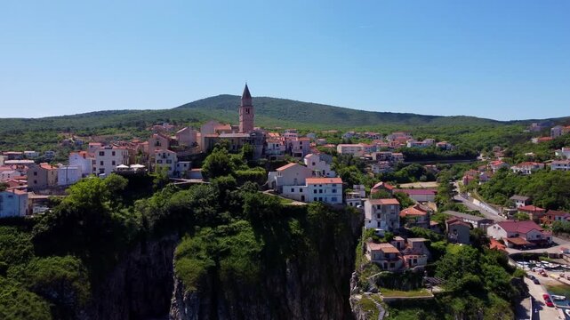 Aerial Pullback Revealing Vrbnik Town and Adriatic Sea on Krk Island, Croatia