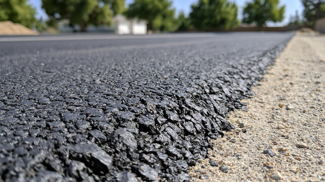 Freshly laid black asphalt surface on a new road construction project. Perfect for civil engineering and urban infrastructure design concepts.