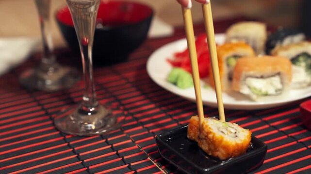 Close-up of sushi breaking apart in soy sauce dish during elegant Japanese dinner scene. Sushi roll falling apart while picked up with chopsticks in soy sauce horizontal video.