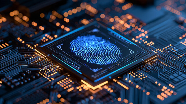 A glowing blue fingerprint scanner on a computer microchip with circuit board background. Perfect for cybersecurity and biometric tech concepts.