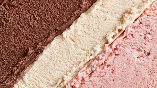 Close-up of Neapolitan ice cream with distinct chocolate, vanilla, and strawberry layers. Perfect for dessert advertising and food blog backgrounds.