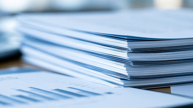 A stack of white paper documents on an office desk in bright soft light. Business administration concept for corporate reports and paperwork.