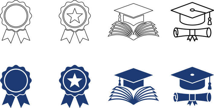 Academic icons depicting medals stars graduation caps and diplomas in a flat two tone style achievement academics awards badge book ceremony
