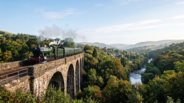 Train crossing stone bridge