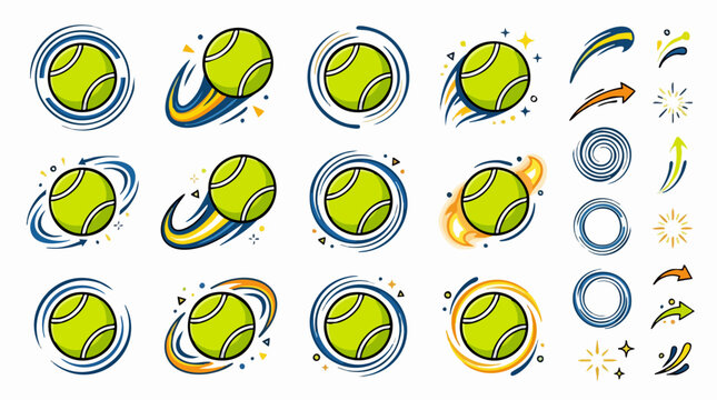 Set of colorful tennis ball vector icons featuring different bounce and spin effects for sports apparel design