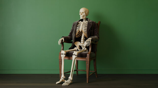 Skeleton in brown suit jacket sitting on wooden chair against solid green wall backdrop.