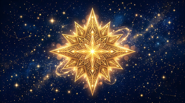 Glowing golden christmas star ornament on magical cosmic background