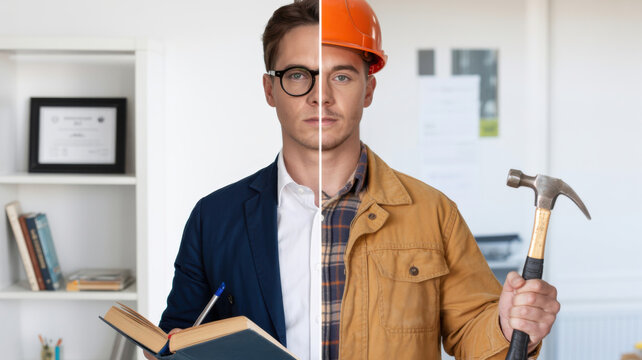 Split-screen portrait comparing a businessman in a suit with a construction worker in a hard hat