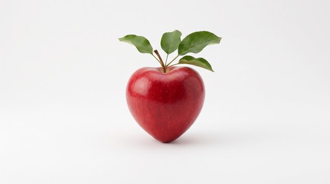 Fresh red apple fruit shaped like a heart with green leaves on a white background heart shape valentines day food photography balanced diet whole fruit plant based healthy food isolated