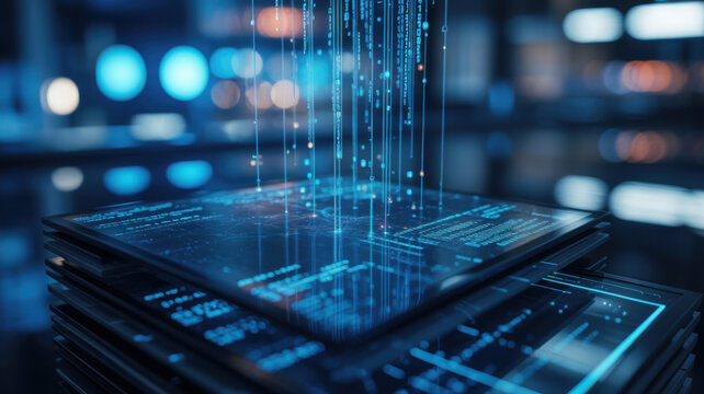 Digital data stream emanating from stacked tablet devices glowing blue light technology.