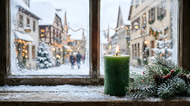 Green advent candle on snowy window sill overlooking snowy village square